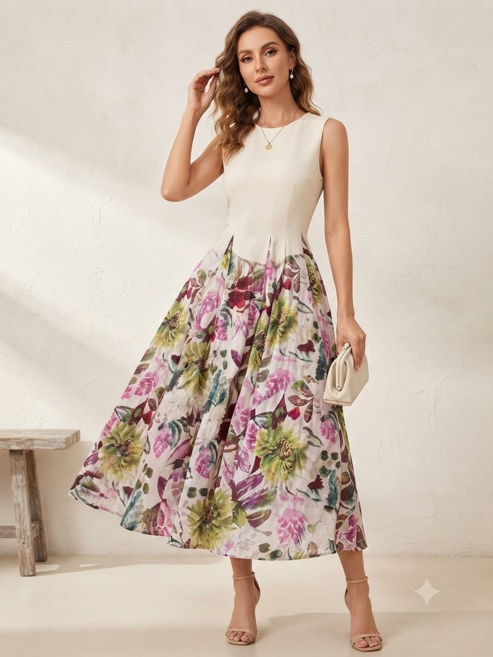 Sleeveless Cream Top Floral Maxi Skirt - Elegant A-Line Women’s Skirt